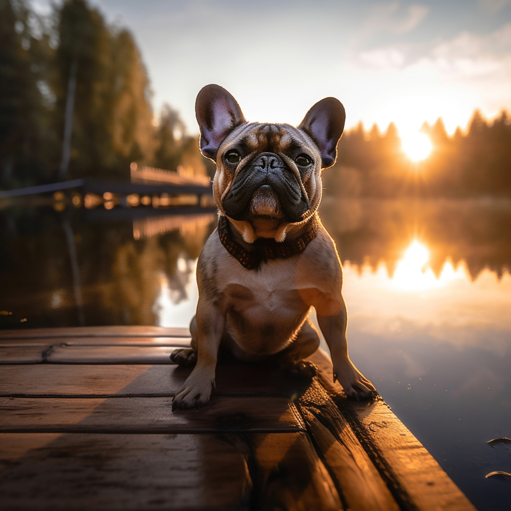 stunning image art of a french bulldog sitting on a deck by a lake with a scenic background and rays of sun shining through