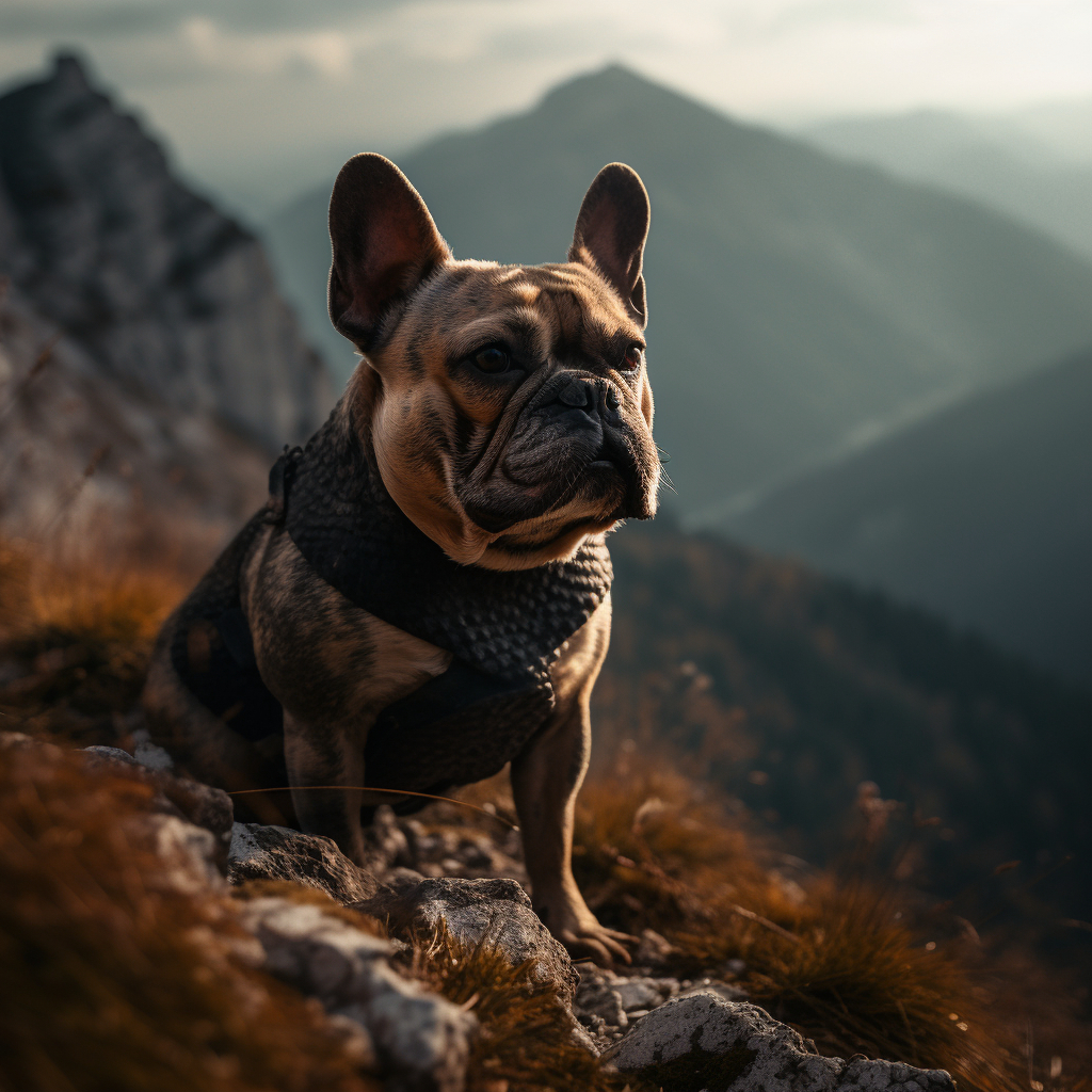 beautiful french bulldog picture on a hike with a harness on, sitting on a rock with a scenic mountain background
