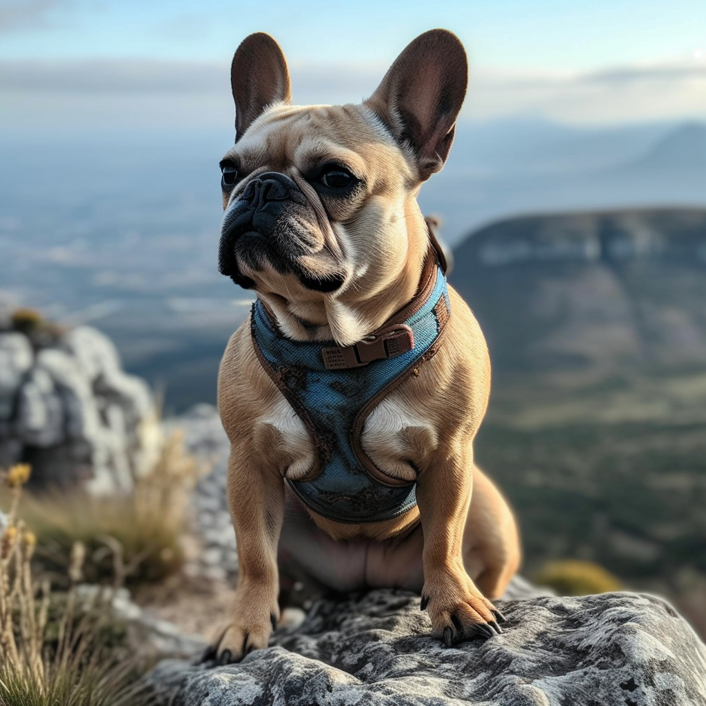 charming french bulldog going for a hike with a harness on, sitting on top of a rock with a scenic background