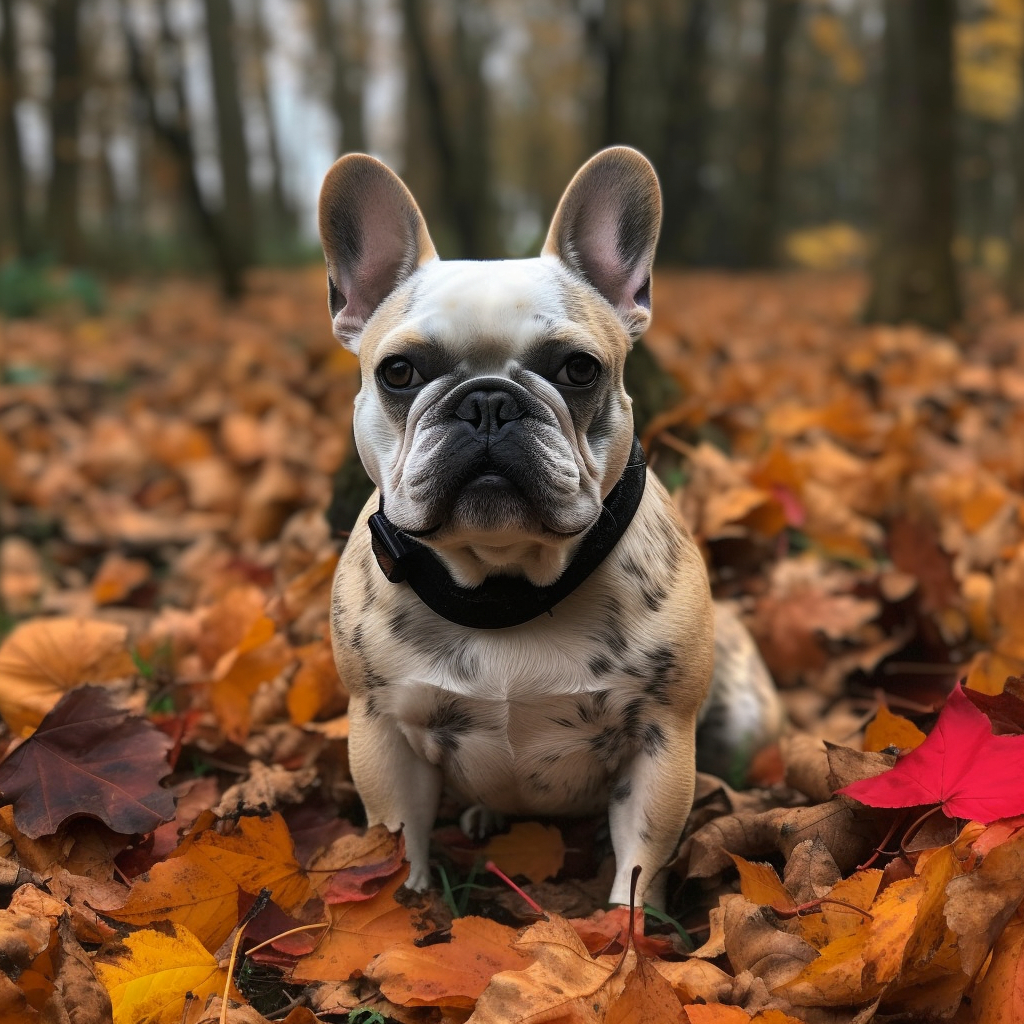 french bulldog sitting in a pile of autumn leaves outdoors