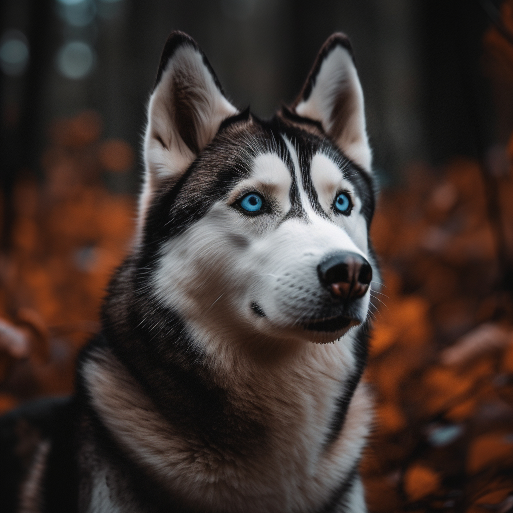 beautiful blue eyed husky image outside in the woods, posing for a photo