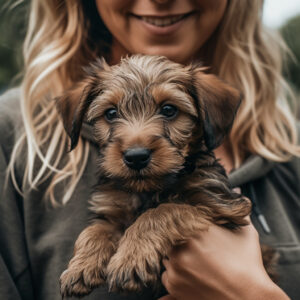 happy puppy being held by its owner