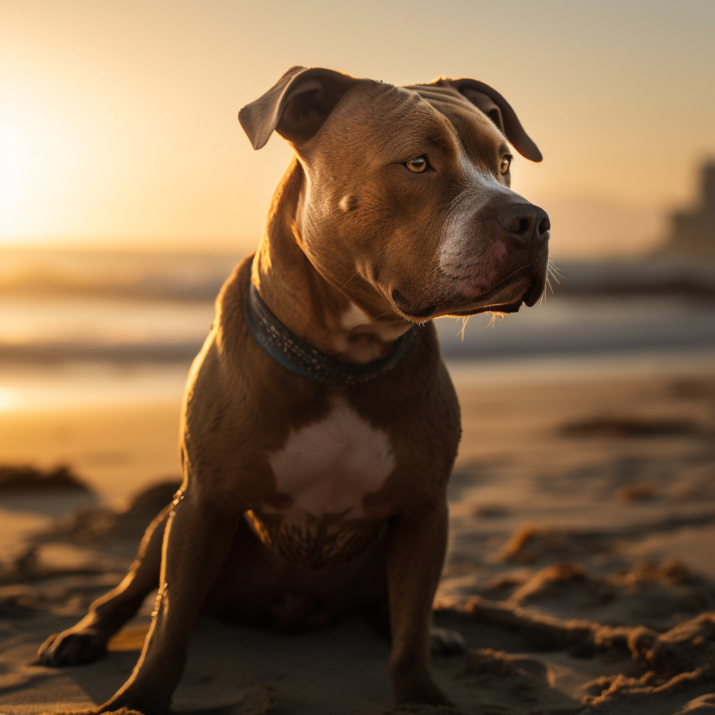 a blue nose pitbull picture on the beach at sunset