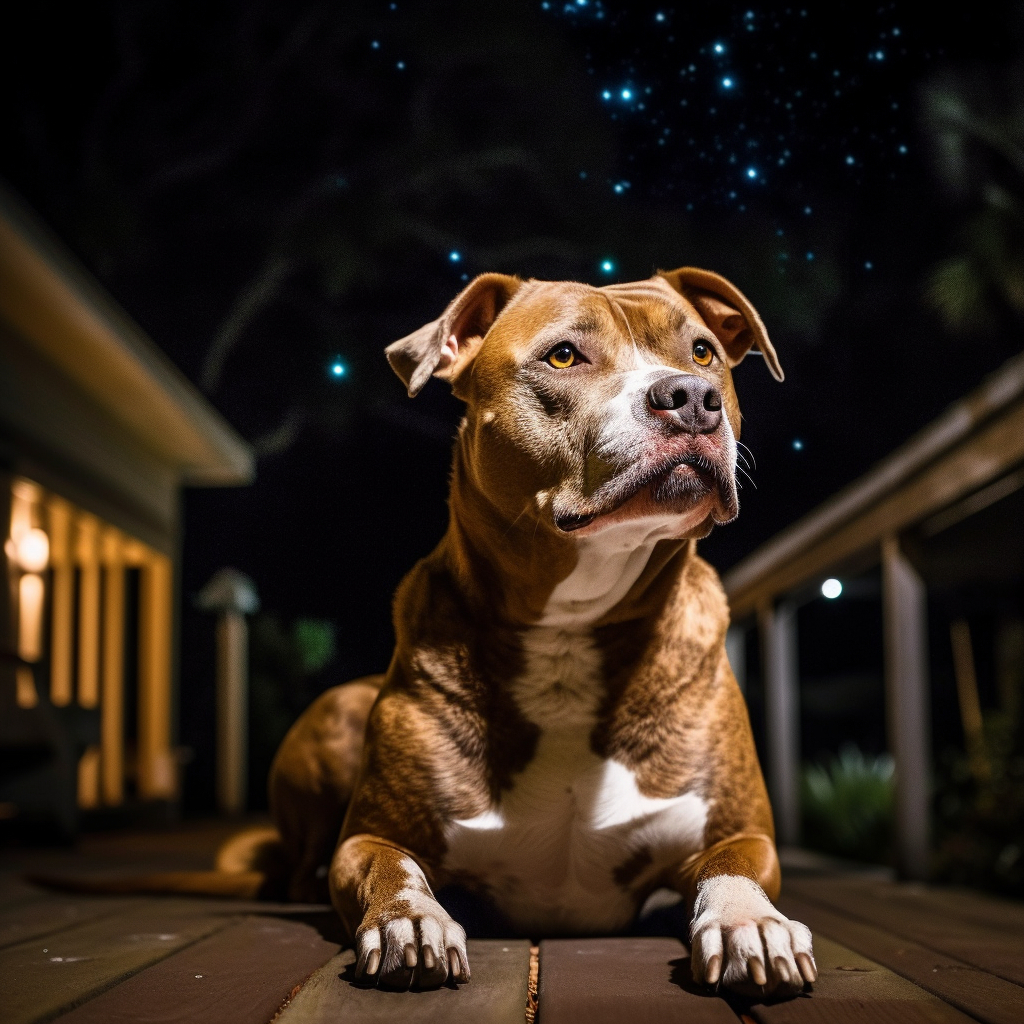 beautiful pitbull picture on the back deck under the night sky