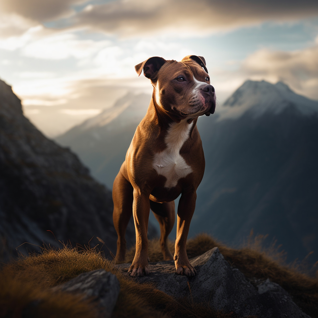 stunning image of a pitbull standing on a mountain with beautiful landscape in the background