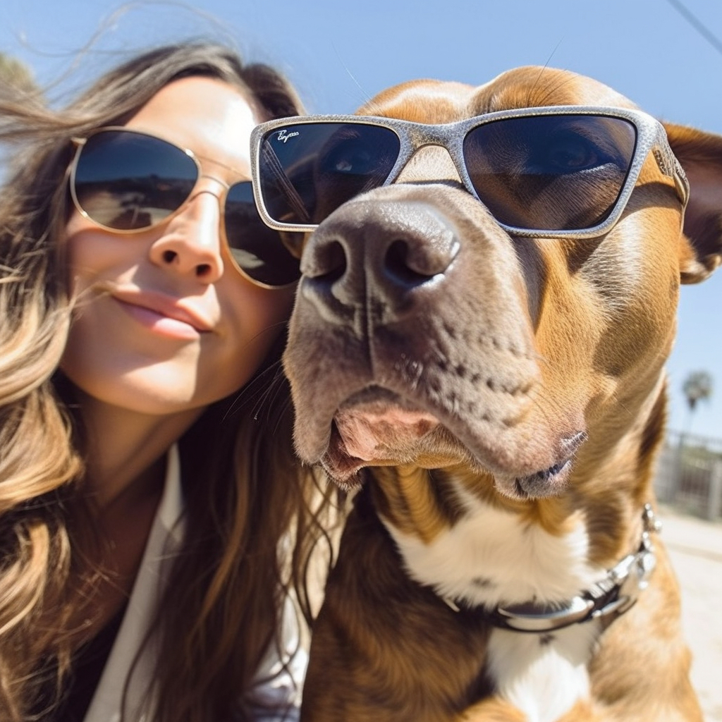 funny pitbull posing for pictures with a girl wearing stylish sunglasses