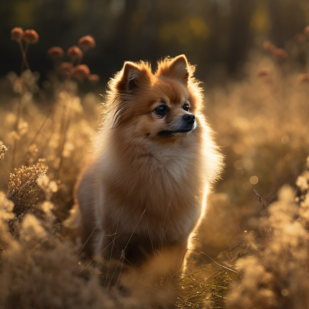adorable pomeranian dog standing in a field outside