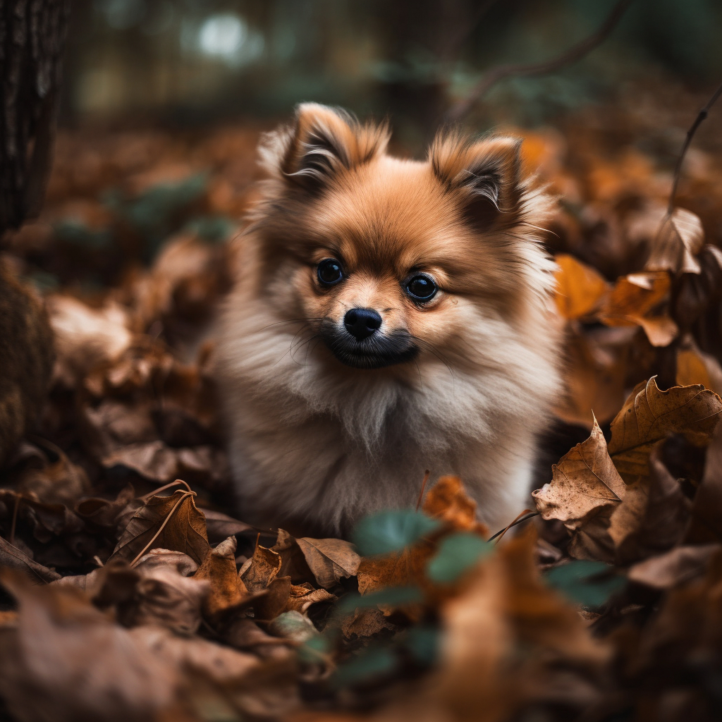 image of a pomeranian dog playing in the autumn leaves