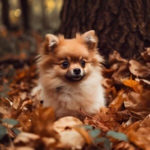 A cute pomeranian puppy playing in the leaves
