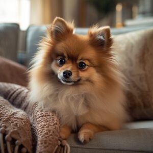 A cute pomeranian sitting on the couch