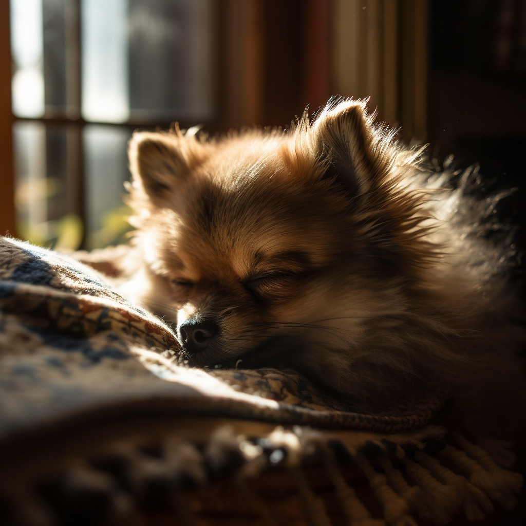 a pomeranian sleeping on a blanket