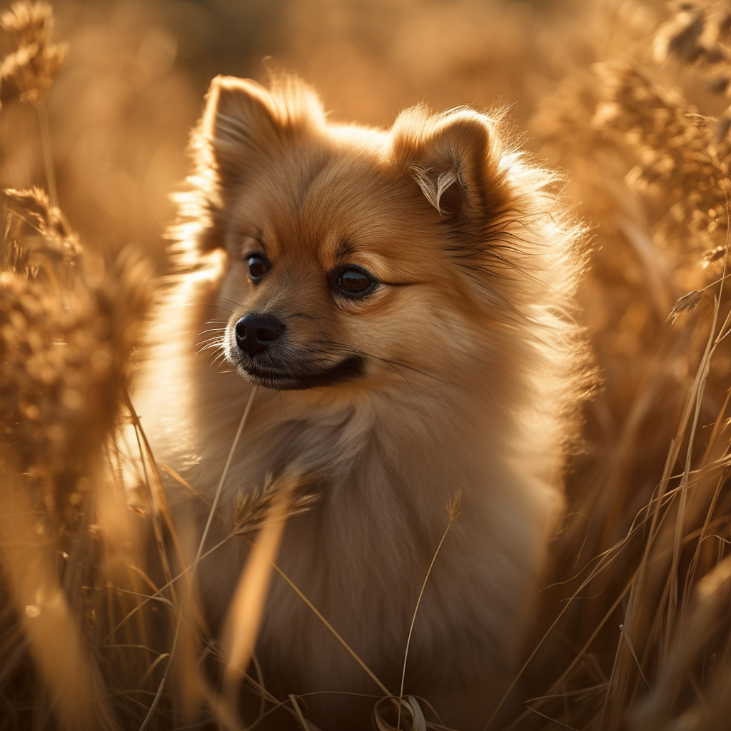 charming image of a pomeranian standing in a field of tall grass
