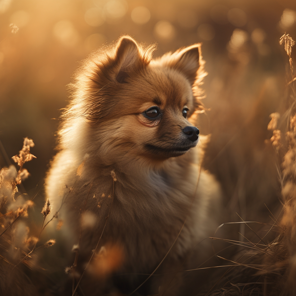 beautiful picture of a pomeranian standing outside in a field of tall grass