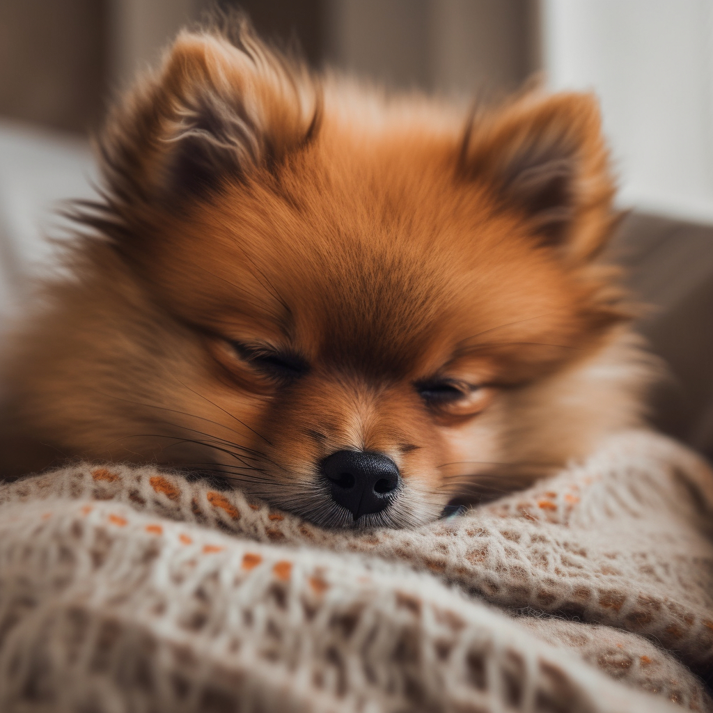 super cute pomeranian sleeping on the bed snuggled onto a blanket