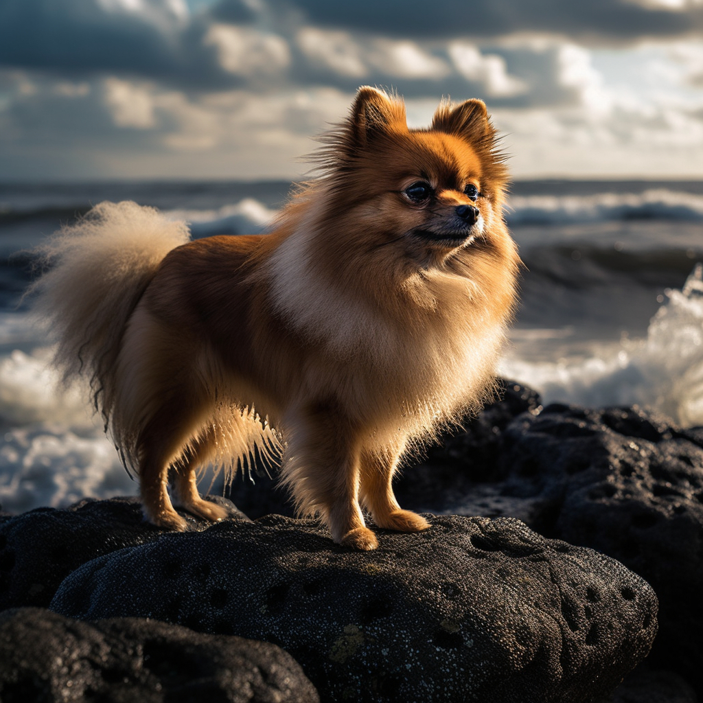 stunning pomeranian photo standing on a rock with the ocean in the background