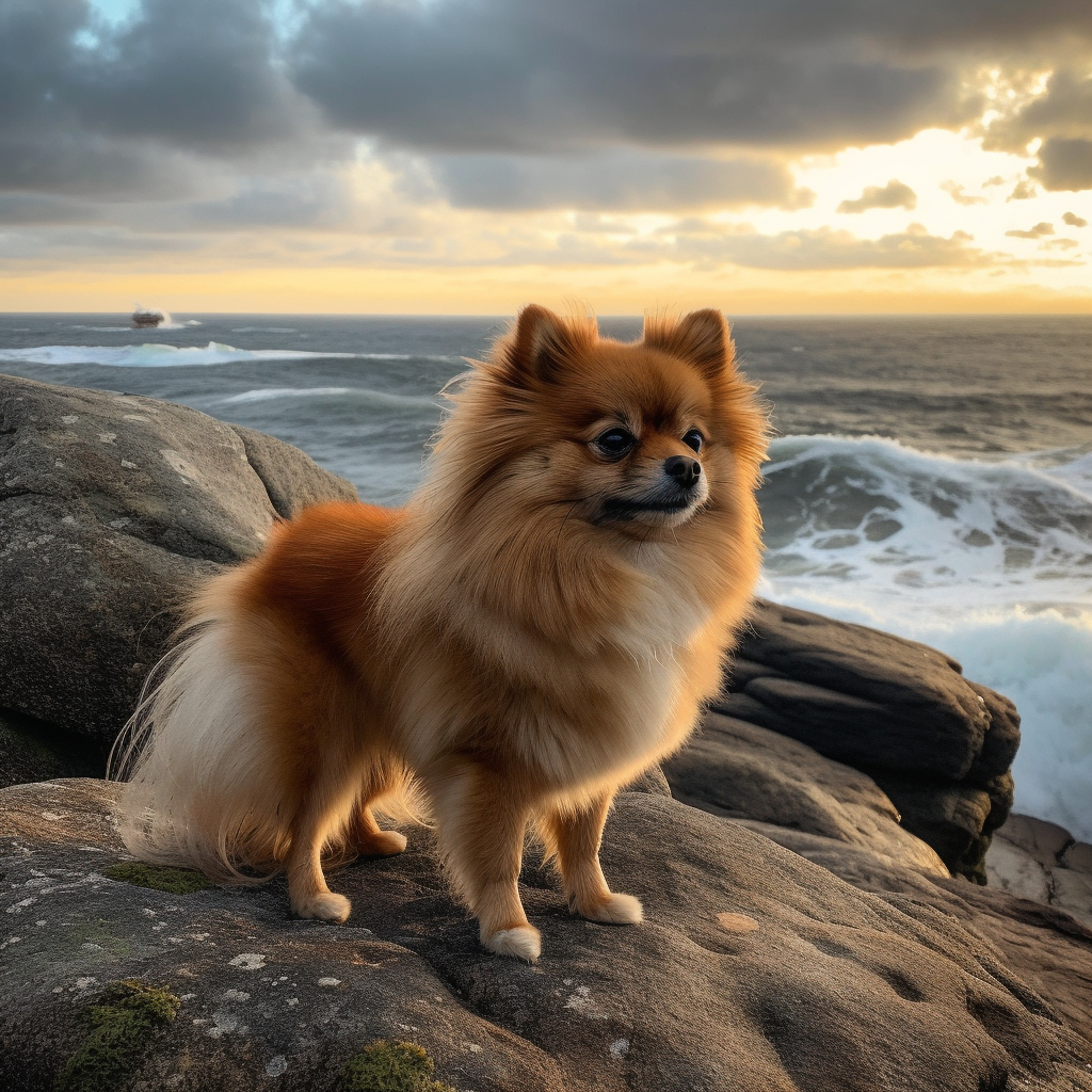 gorgeous photo of a pomeranian standing on a rock by the ocean with a scenic view and sunlight coming through the clouds
