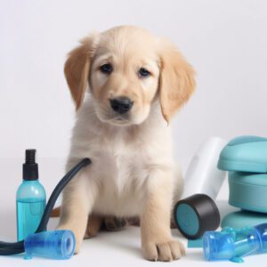 puppy posing with some bath products