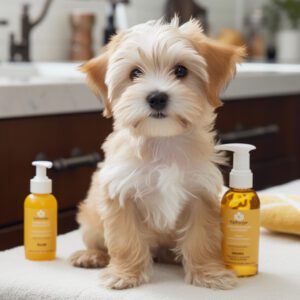 cute puppy sitting next to ear cleaning solutions