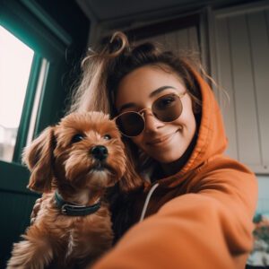 clean puppy looking stylish with her owner in a selfie photo