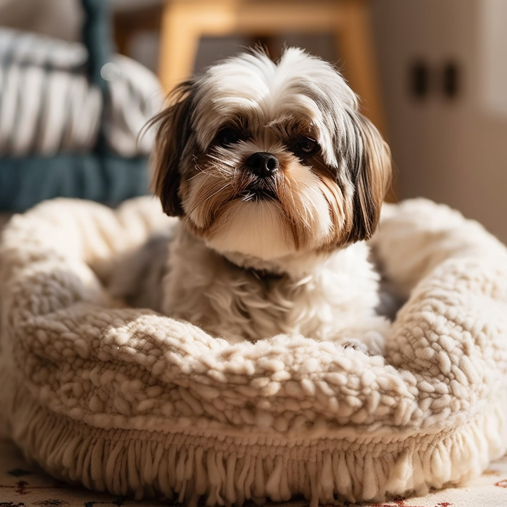 super cute shih tzu laying in a plush dog bed