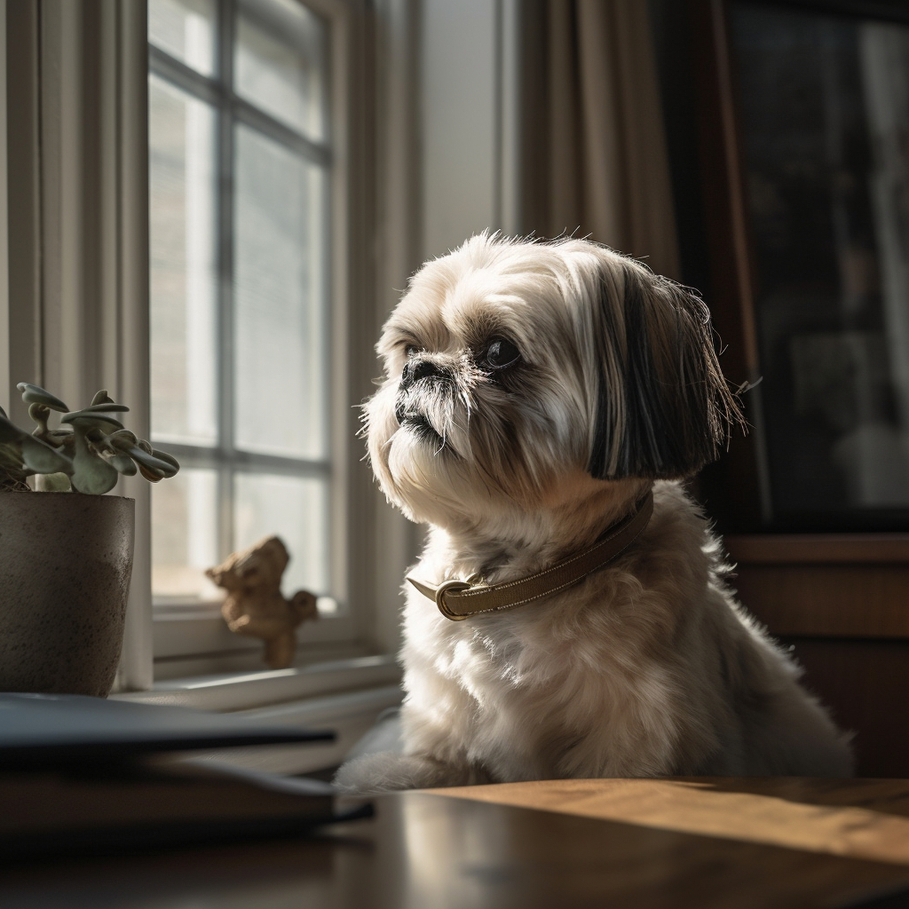 shih tzu dog sitting by the window looking outside