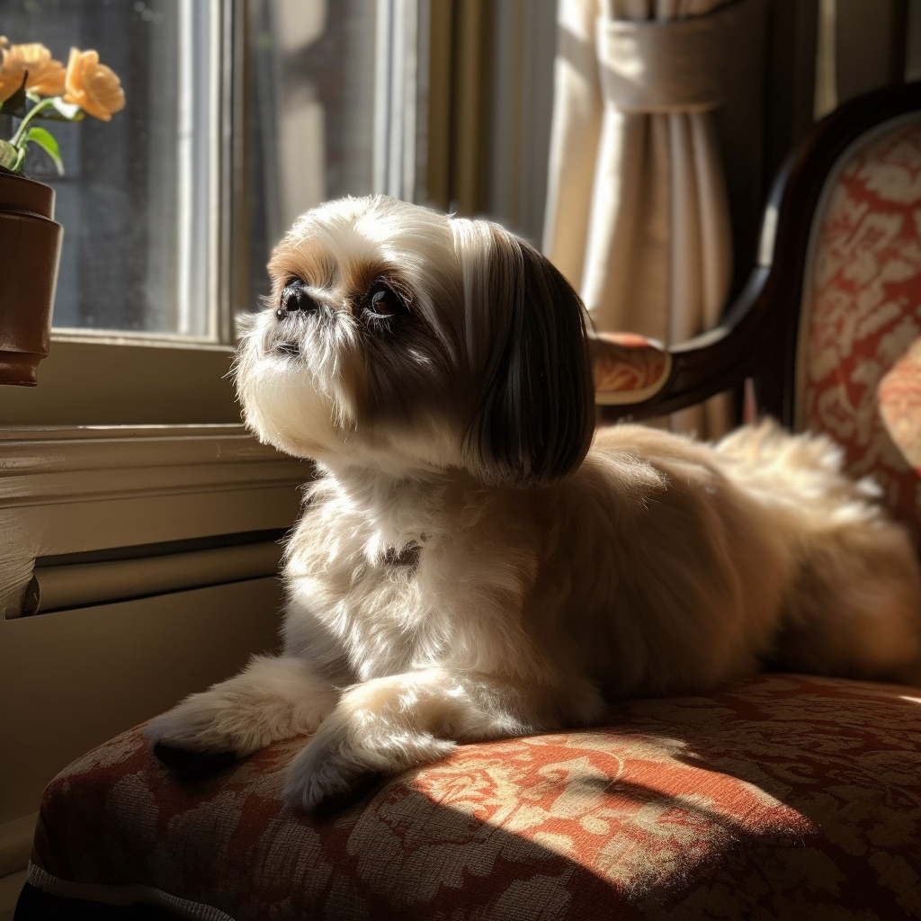 shih tzu laying down on a chair looking out the window