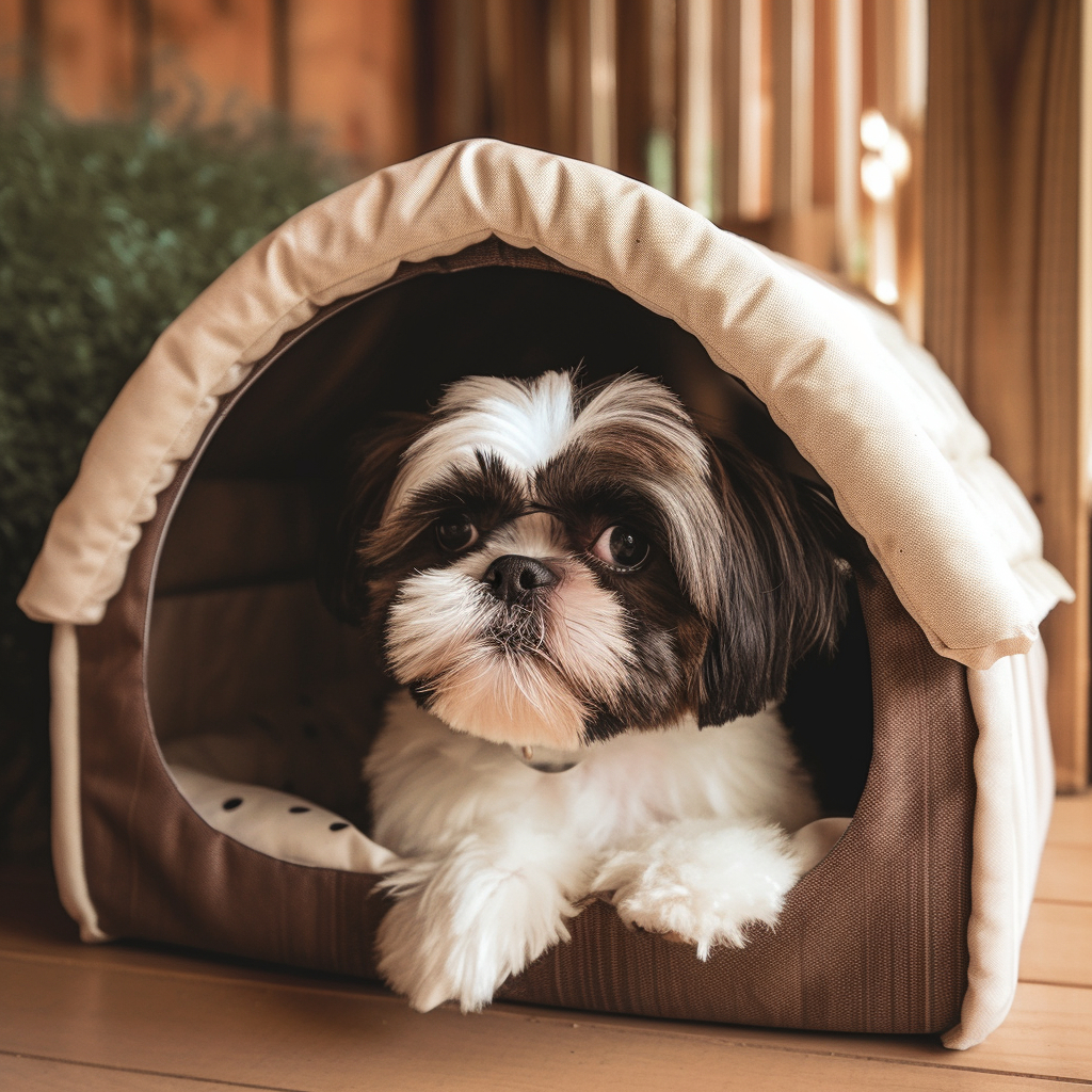 shih tzu laying in his little dog bed house