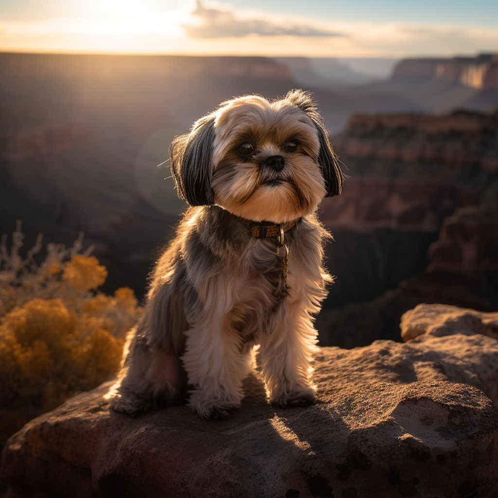 beautiful shih tzu dog sitting on a rock outdoors with a scenic mountain background and sun shining