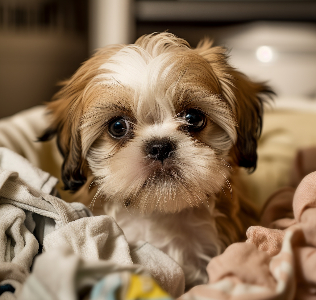 cute shih tzu puppy playing in the laundry basket