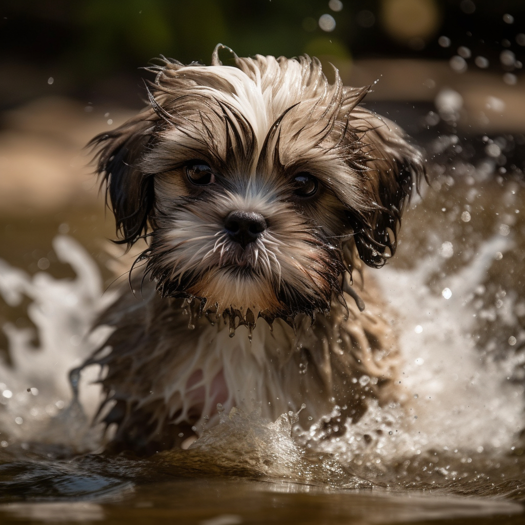 shih tzu puppy splashing water