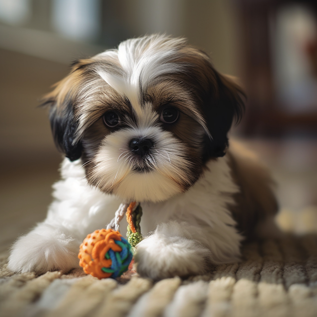 cute shih tzu puppy playing with a chew toy