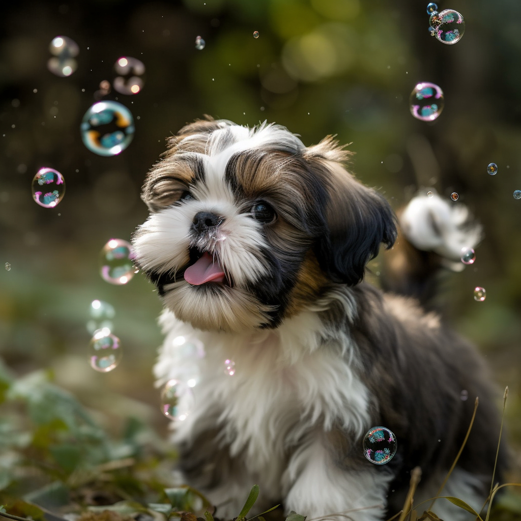 funny photo of shih tzu puppy playing with bubbles outside