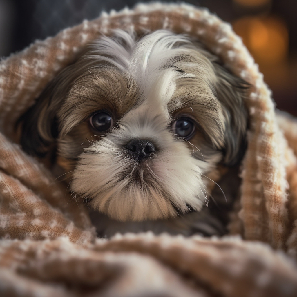 super cute shih tzu puppy wrapped up in a pile of blankets