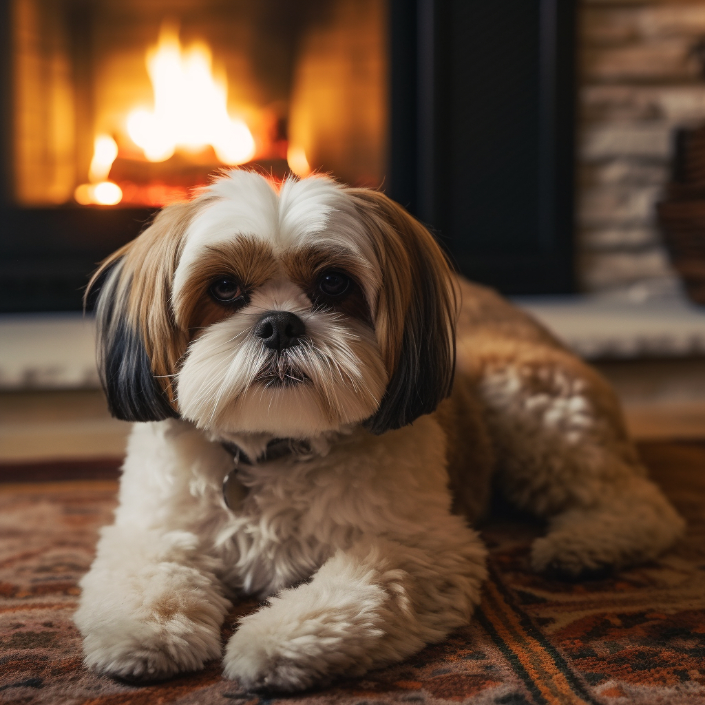 beautiful shih tzu dog laying in front of a fireplace in the living room