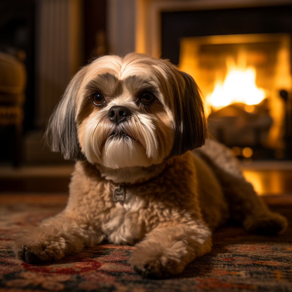 adorable shih tzu laying down in the living room in front of a fireplace