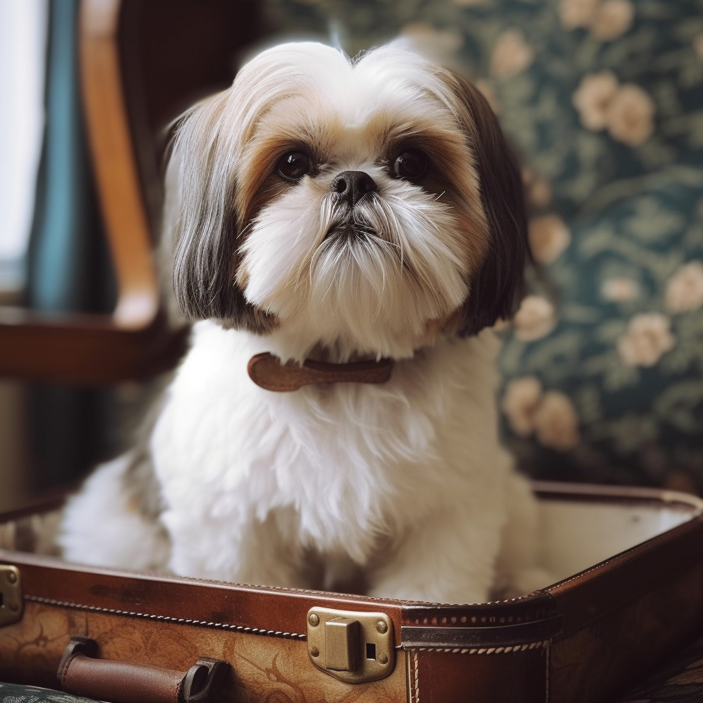 funny image of a shih tzu sitting in an open suitcase