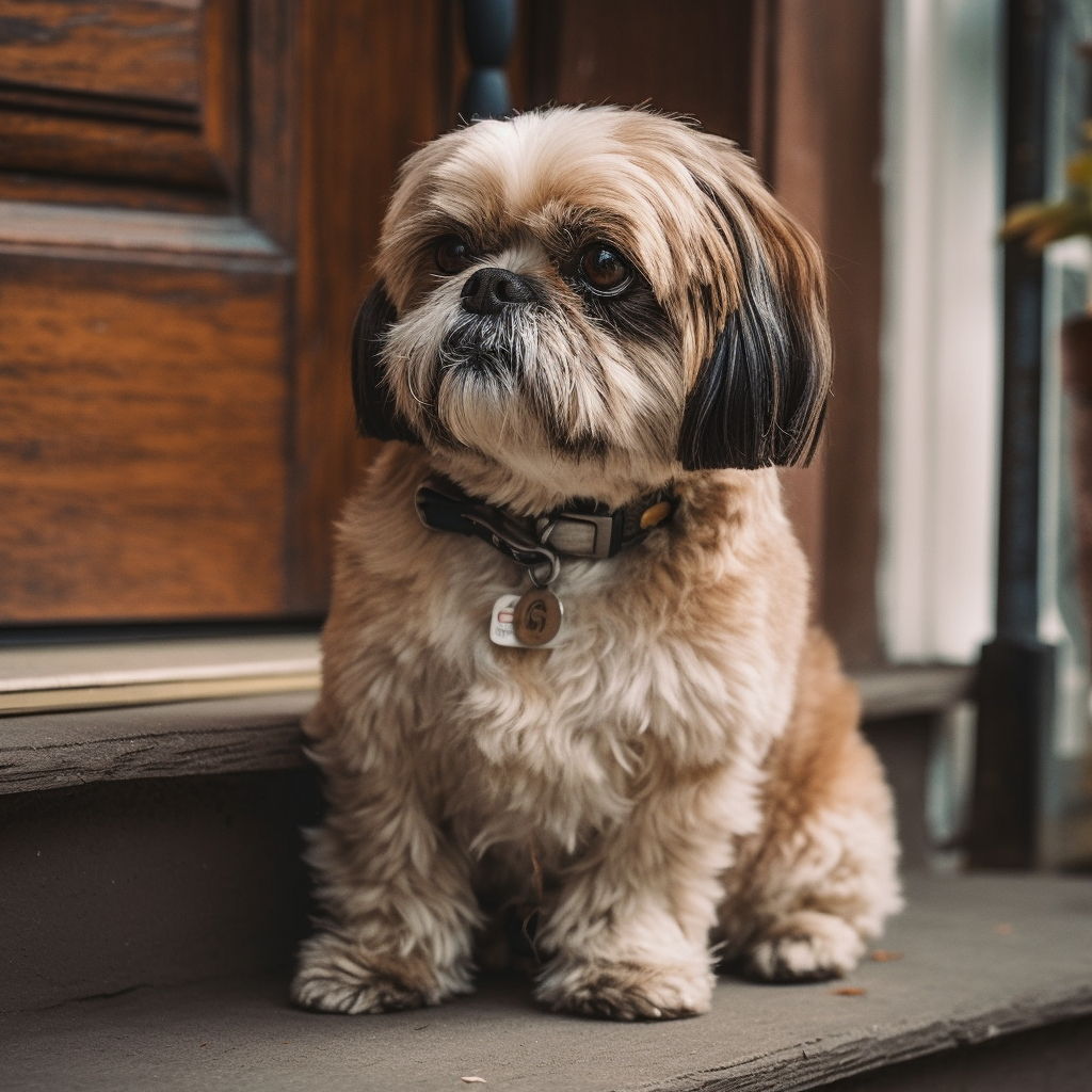 shih tzu sitting on a step by the front door