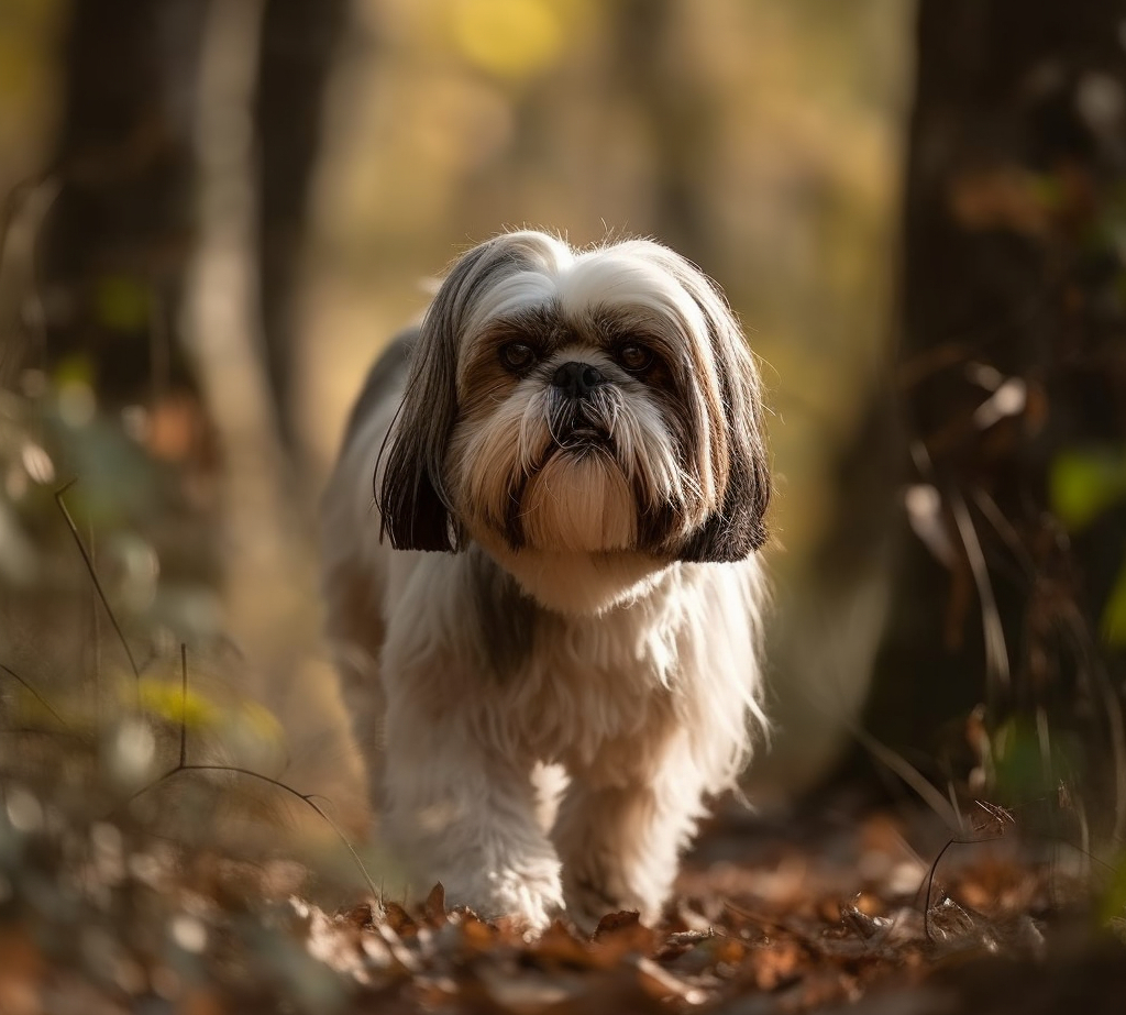 shih tzu going for a walk outside in the woods