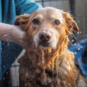 giving a dog a bath