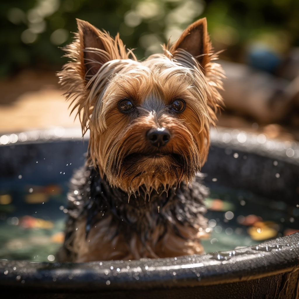 funny yorkshire terrier dog playing in a pool of water