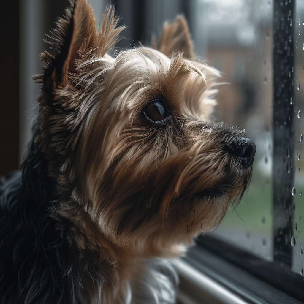 yorkshire terrier dog looking out the window on a rainy day