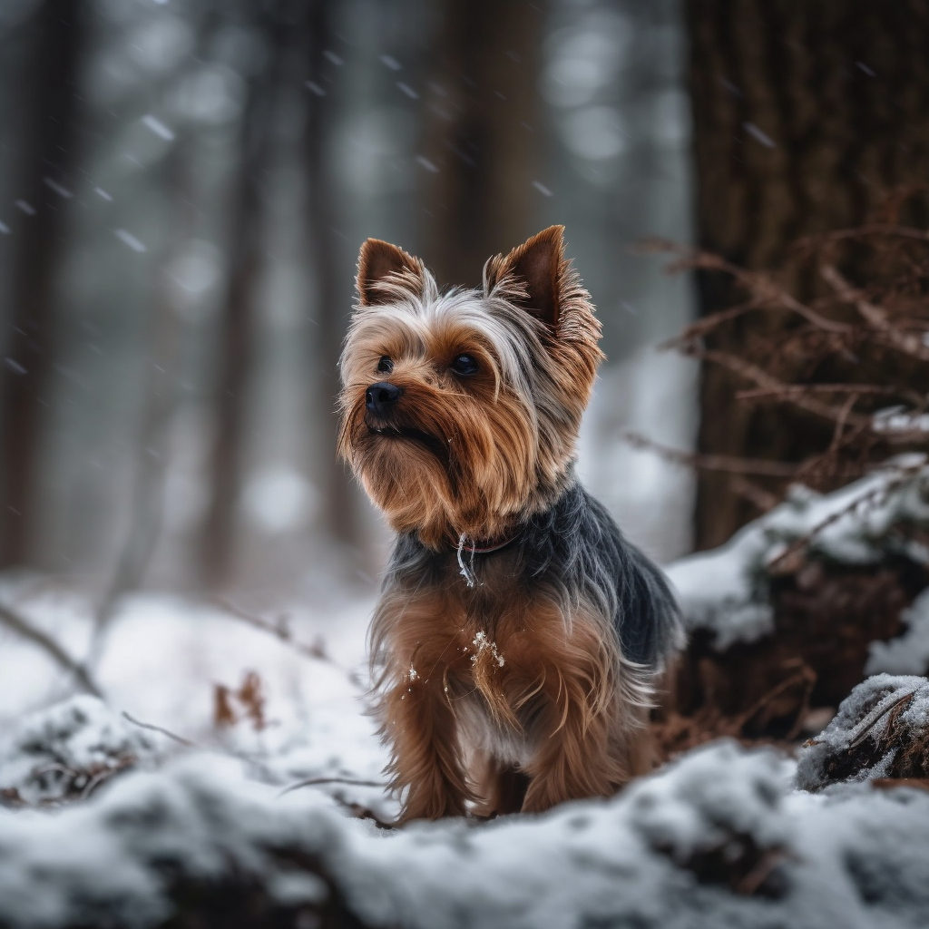 yorkie posing for a picture outside in the snow