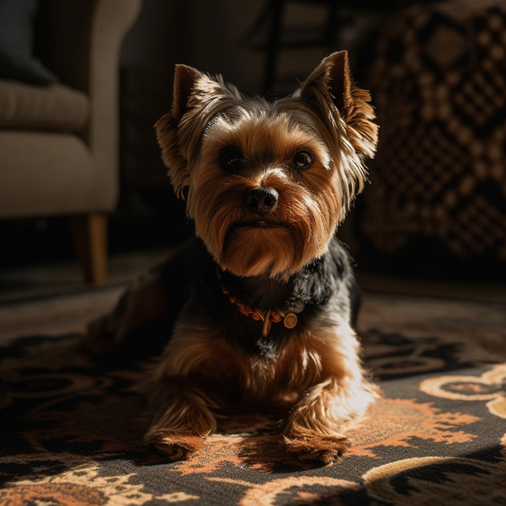 well groomed yorkshire terrier laying on the living room floor