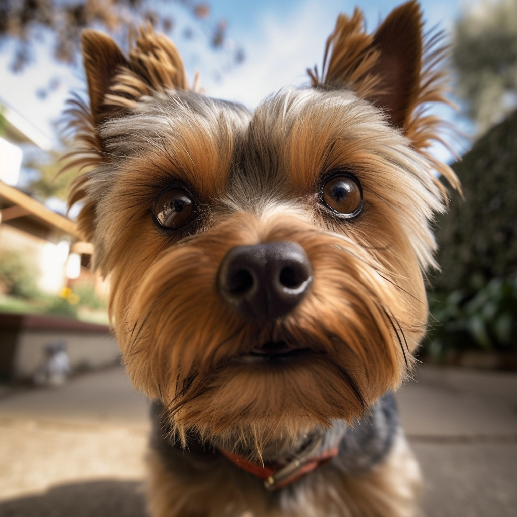 a yorkie looking close into the camera for a close up fisheye style picture
