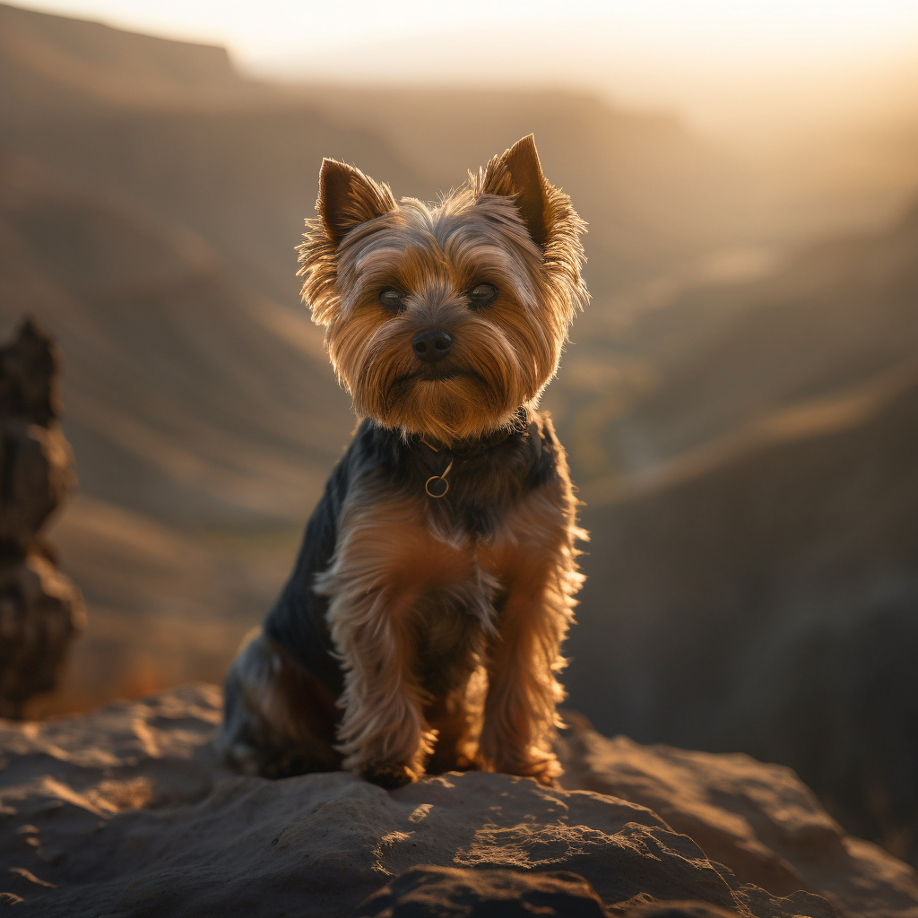 yorkshire terrier sitting on a rock overlooking a valley and mountains in the background