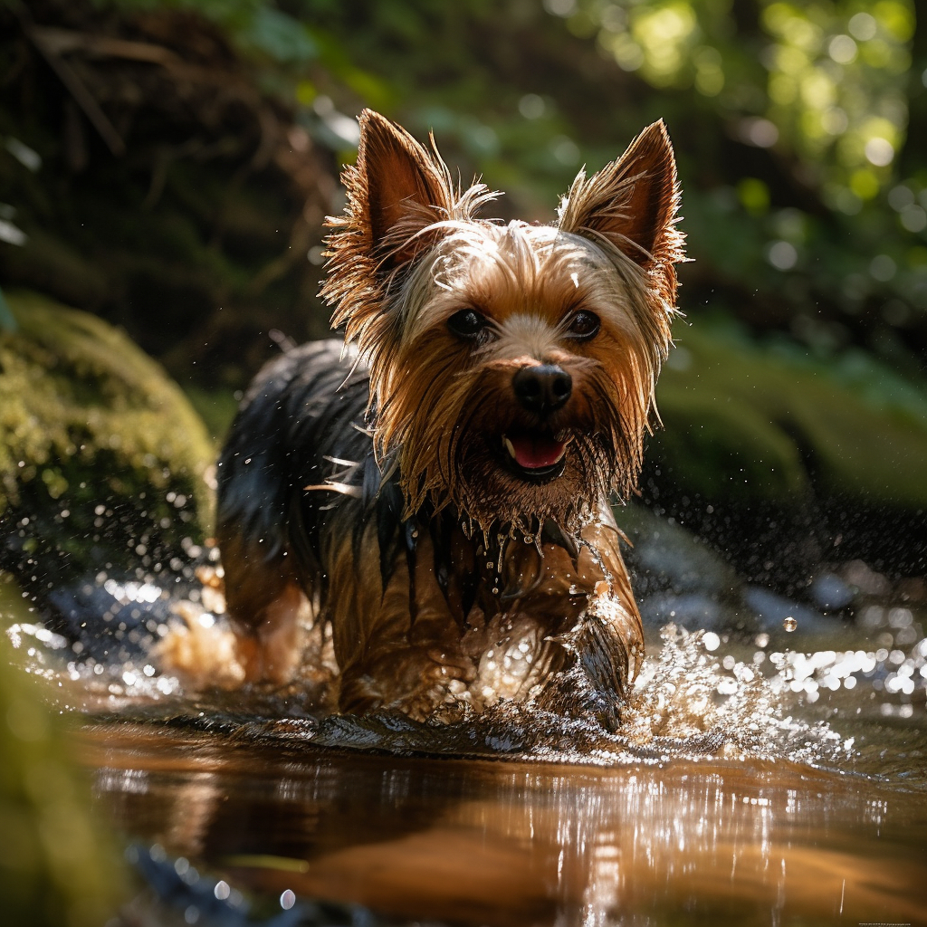 yorkie dog splashing through the water