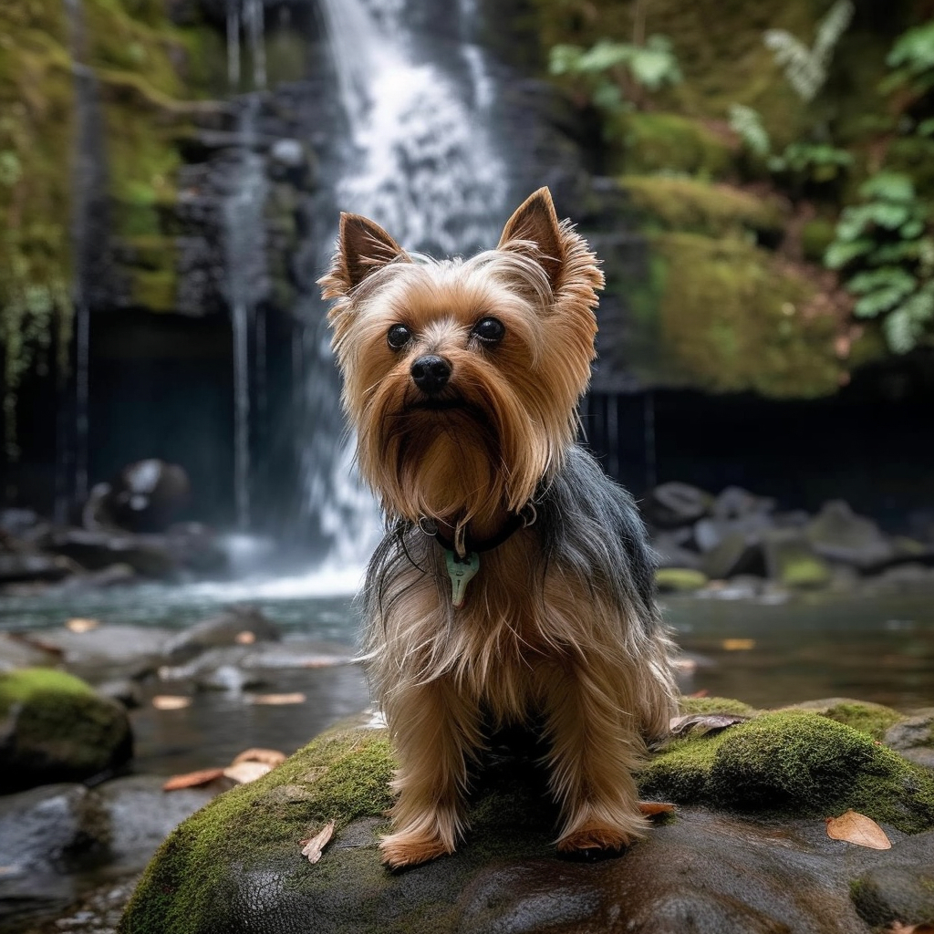 yorkie dog sitting by a scenic waterfall background