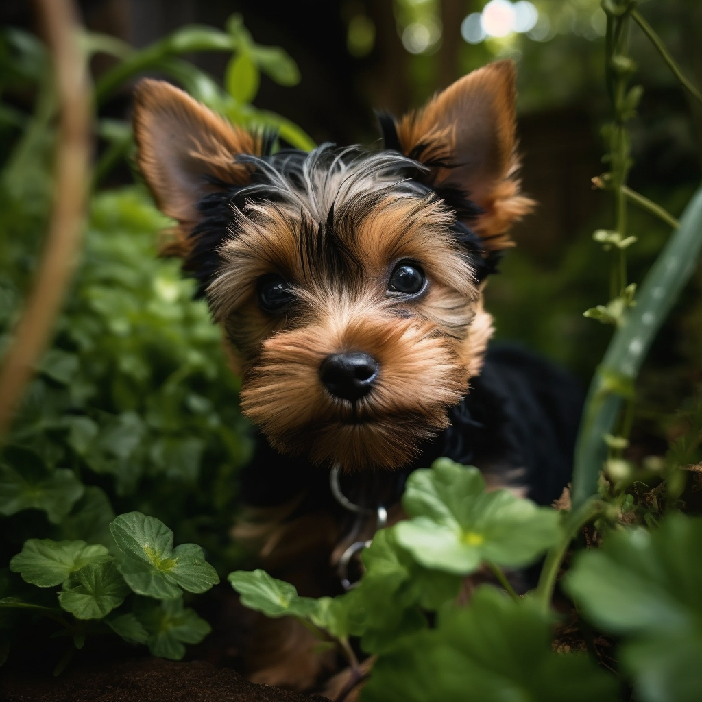 cute yorkshire terrier pup peeking out from green plants outside