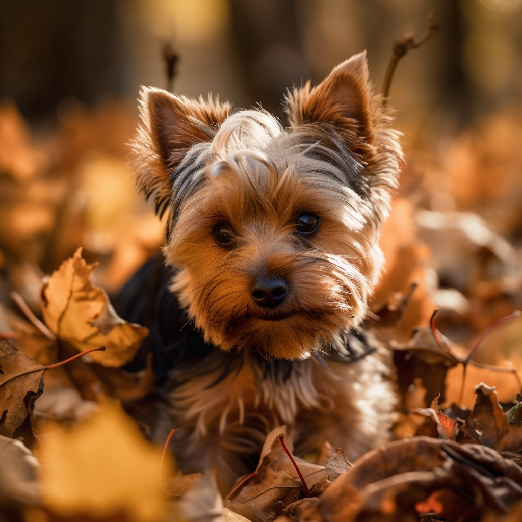 cute yorkie puppy playing in the autumn leaves outside