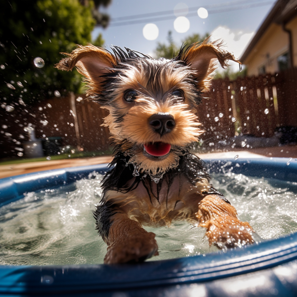 funny yorkshire terrier puppy splashing in the water